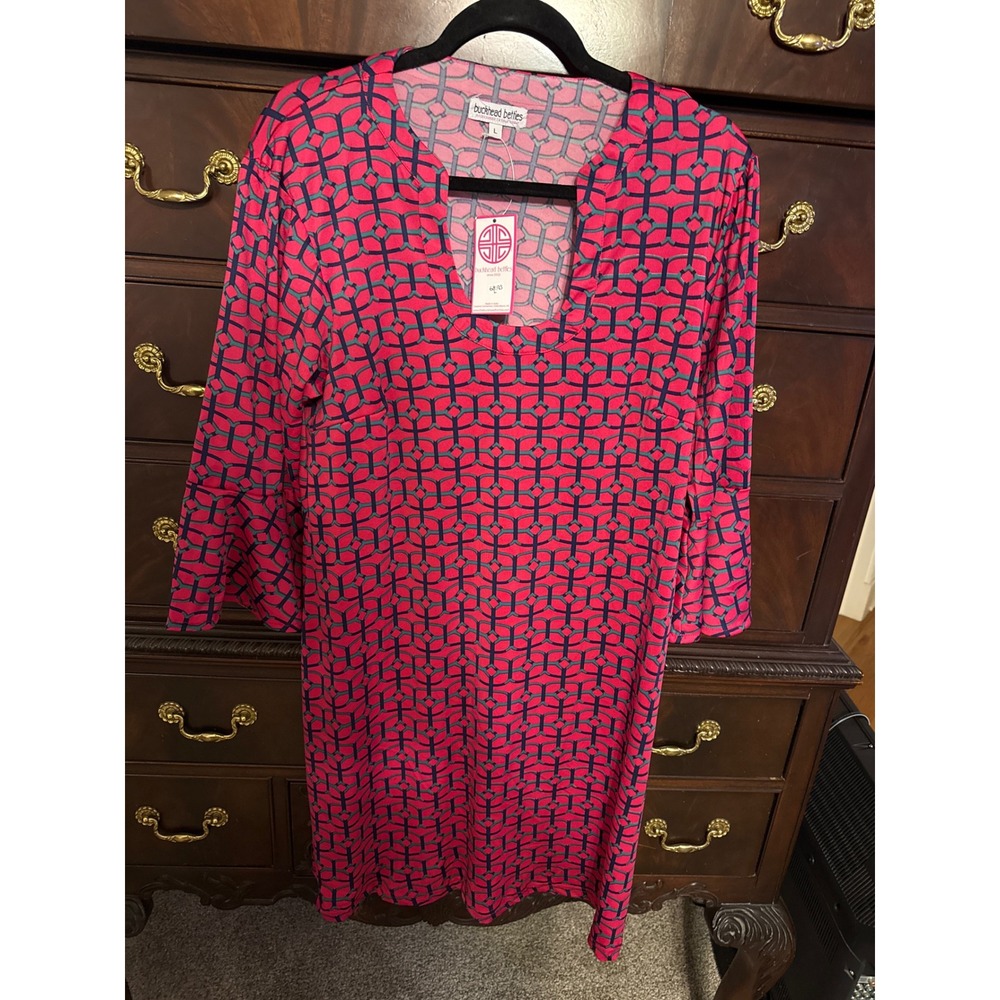 Buckhead Betties Pink Blue Geometric Lattice Bell Sleeve Shift Dress L NEW